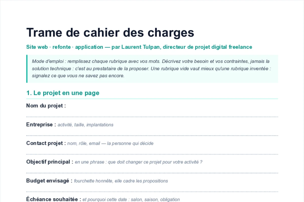 Première page de la trame de cahier des charges téléchargeable, avec ses rubriques numérotées