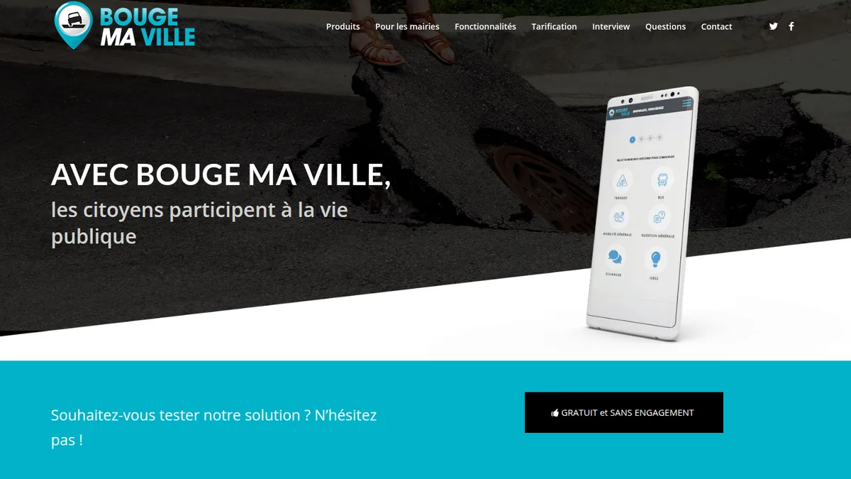 Page d'accueil de BougeMaville, présentant le signalement citoyen depuis un téléphone