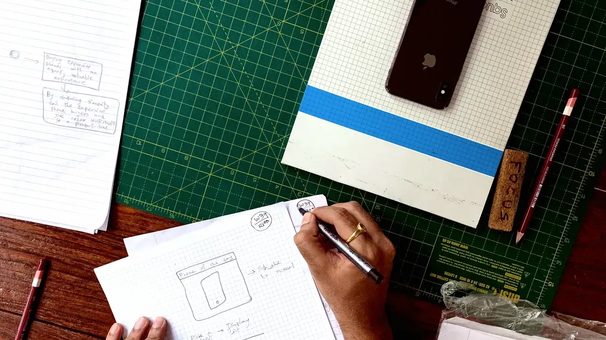 Plan de travail vu du dessus : croquis d'écrans mobiles, carnet, téléphone et tapis de découpe