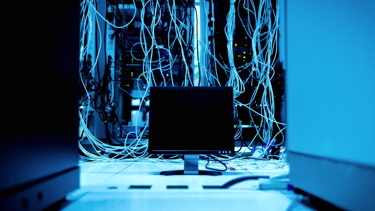 Enchevêtrement de câbles à l'intérieur d'une machine, éclairage bleu